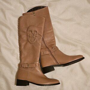 Skull Embossed Tan Leather Boots
